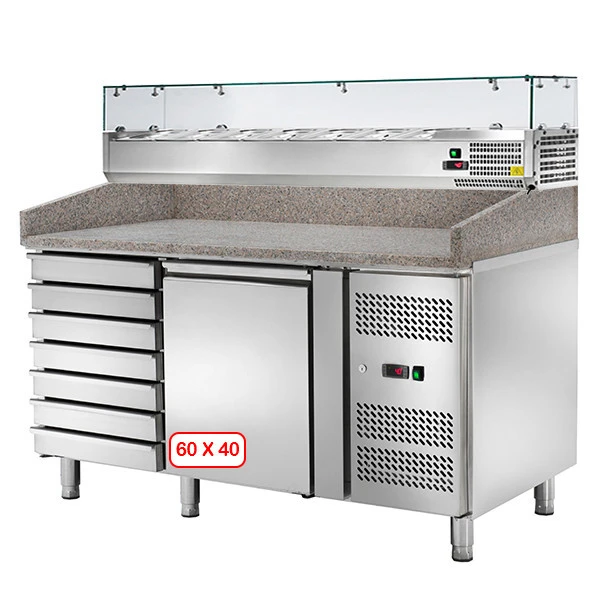 BANCO PIZZA ANTA + 7 CASSETTI 151X80 + VETRINA 33/38 3 BANCO PIZZA ANTA + 7 CASSETTI 151X80 + VETRINA 33/38