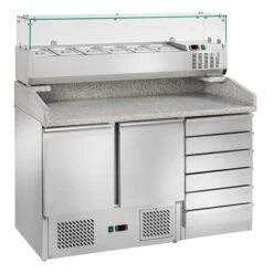 BANCO PIZZA INOX P.70 2 ANTE+CASSETTIERA 142X70 H103