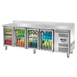 TAVOLO REFRIGERATO PROFESSIONALE GN1/1 4 ANTE VETRO -2/+8° E ALZATINA