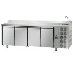TAVOLO REFRIGERATO PROFESSIONALE INOX 4 ANTE 0/+10° CON VASCA + ALZATINA